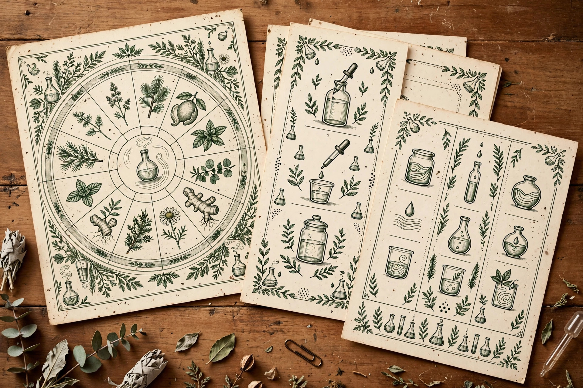 Vintage-style flat-lay of the Budtender's Counter Kit printed sheets: terpene wheel, label guide, and concentrate charts