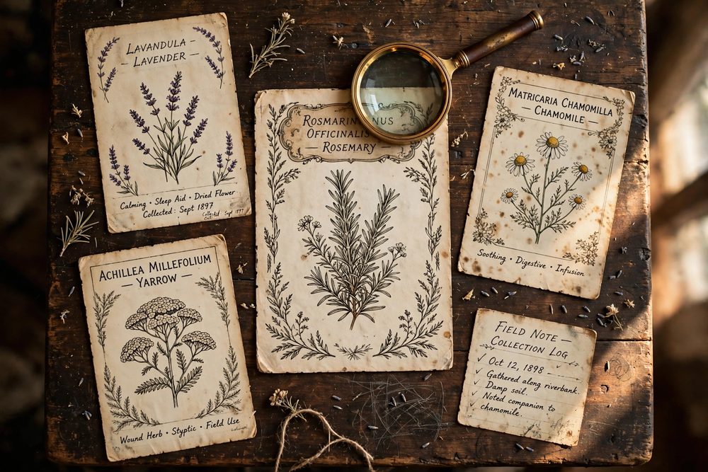 Vintage botanical cards and magnifying glass on a wooden table