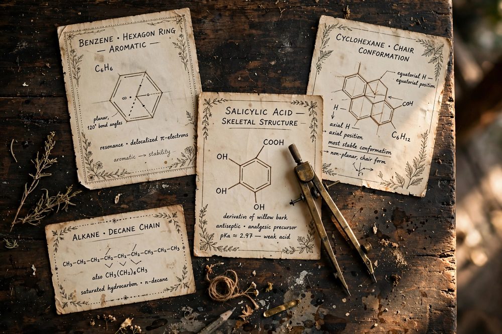 Vintage chemistry cards with molecule diagrams on a wooden table