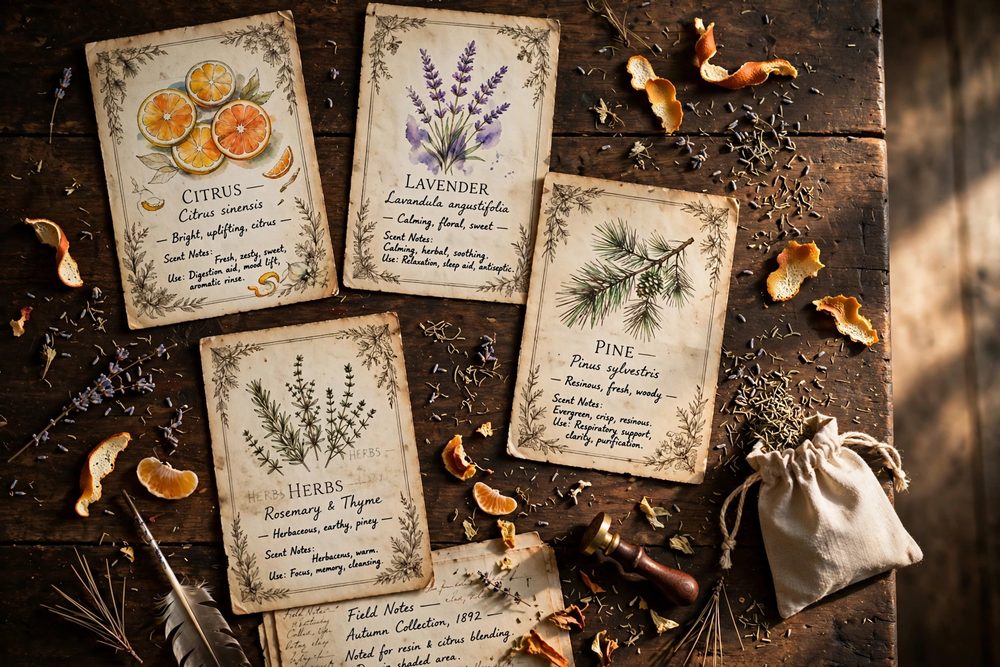 Vintage botanical cards of citrus, lavender and pine on a wooden table