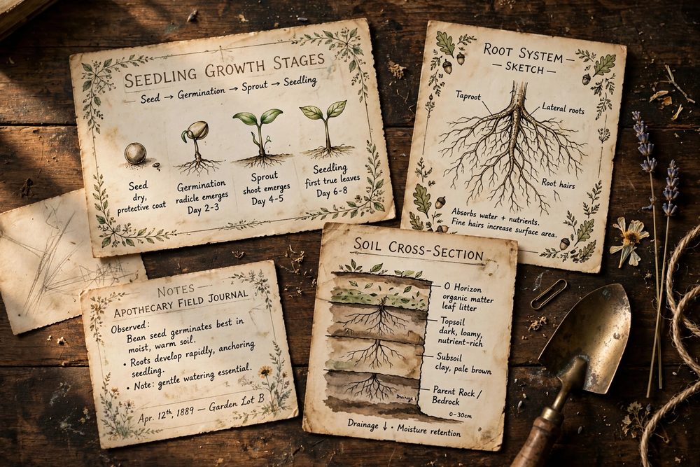 Vintage botanical cards showing seedling growth stages on a wooden table