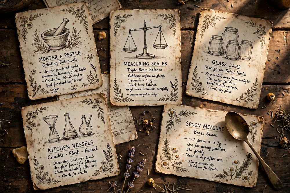 Vintage apothecary cards with mortar and pestle on a wooden table