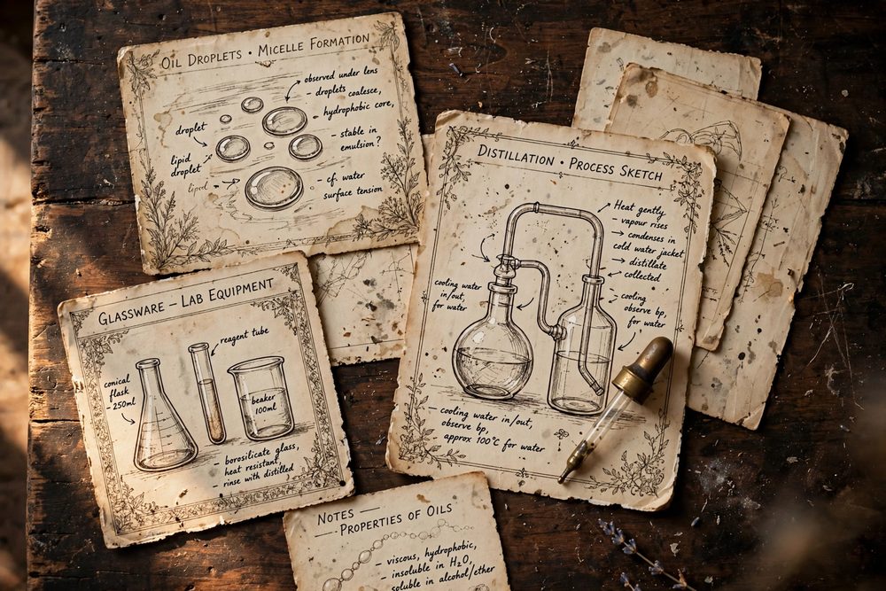 Vintage lab cards with oil droplets and distillation sketches on a wooden table