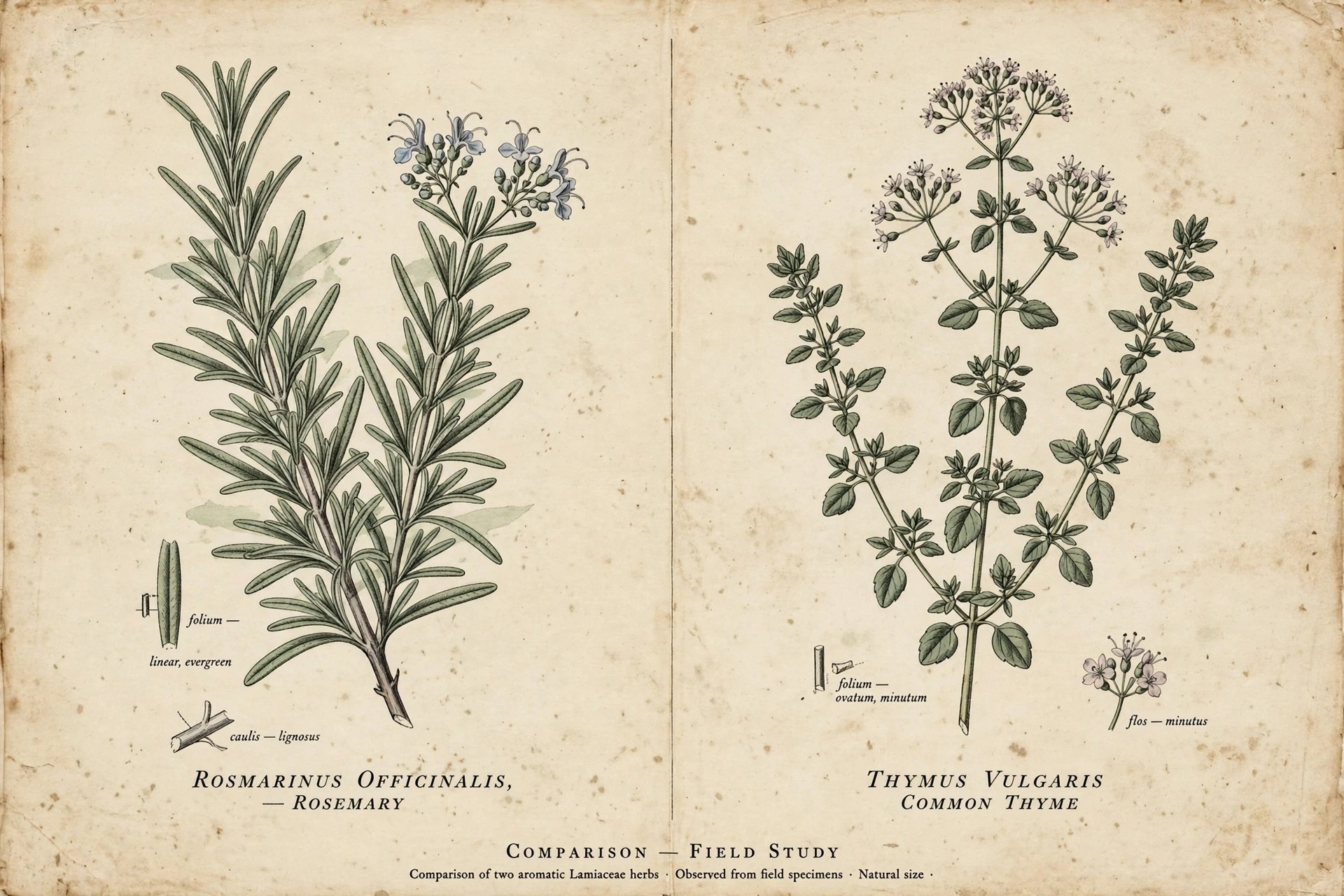 Vintage-style botanical plate comparing two aromatic herbs side by side