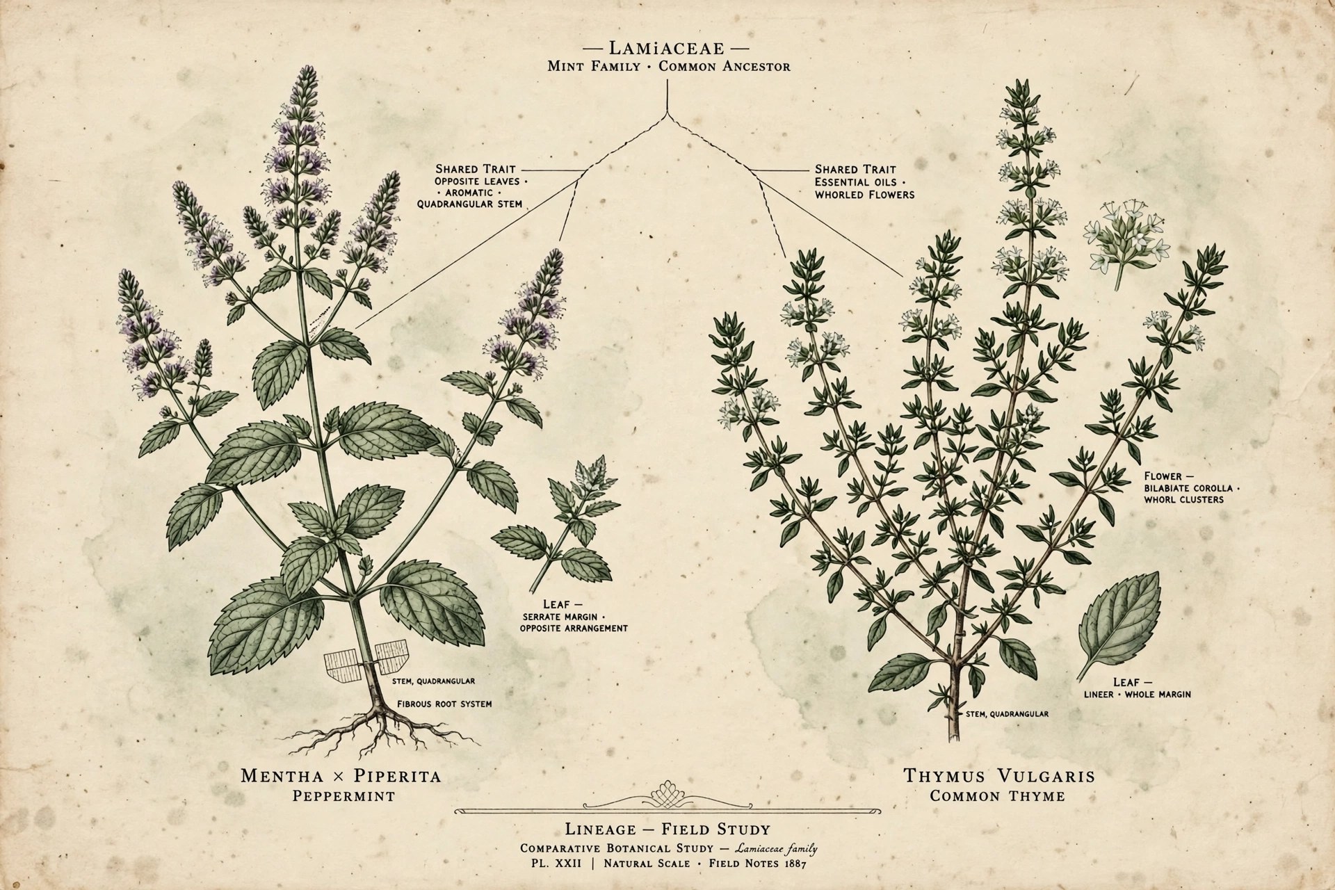 Vintage-style comparative botanical study of two aromatic plants with shared traits annotated