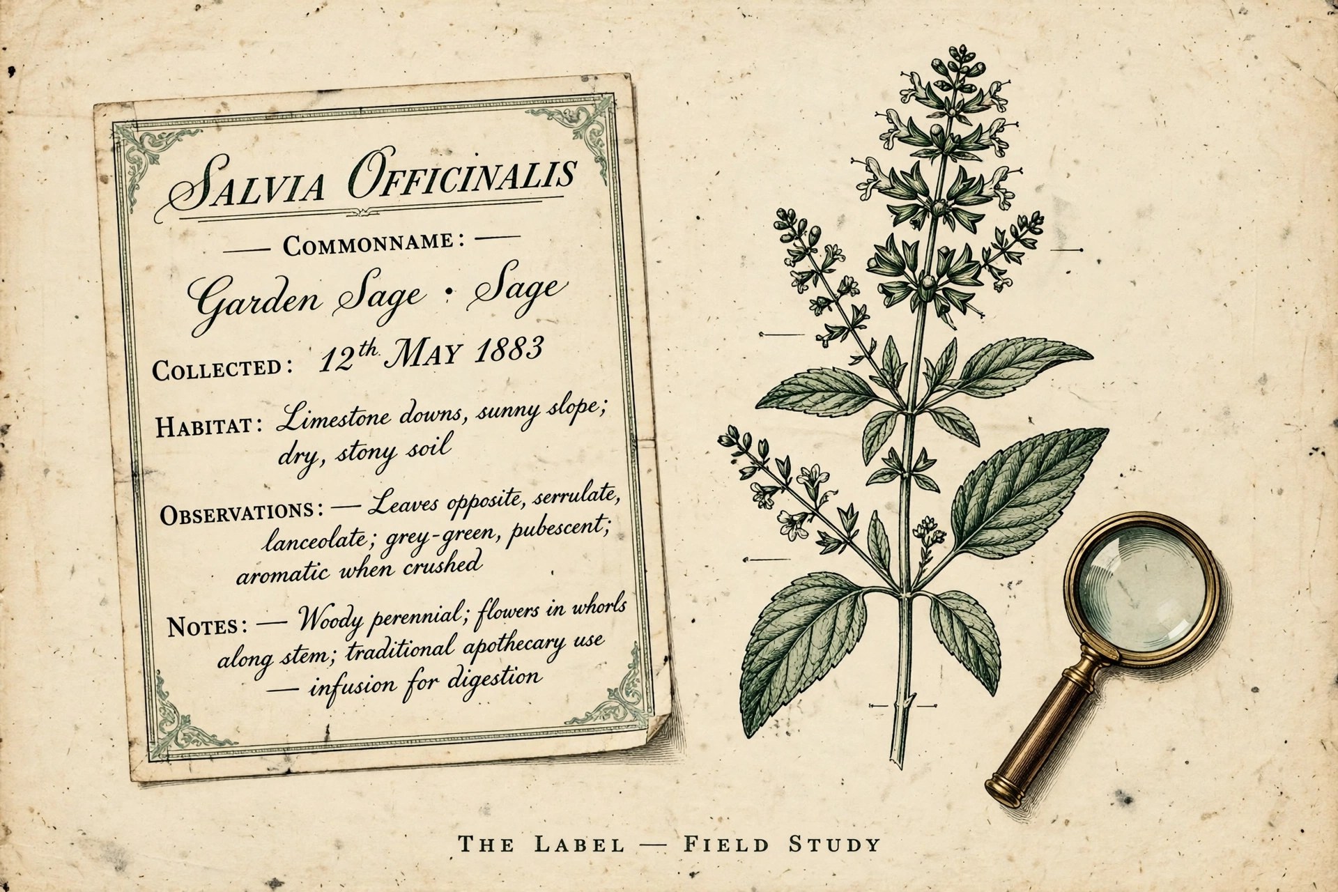 Vintage-style field-study plate of a botanical specimen card and magnifying glass