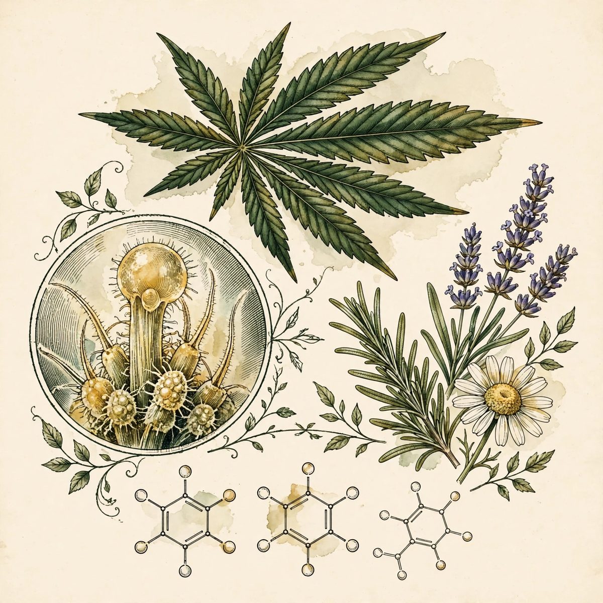 Botanical study of a cannabis leaf, aromatic plants, trichomes, and molecular structures