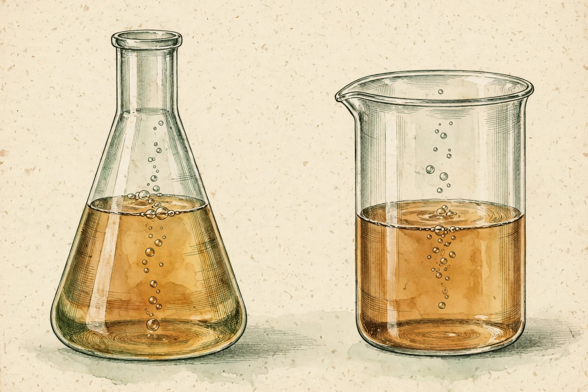 Vintage-style illustration of a laboratory flask and beaker holding amber liquid
