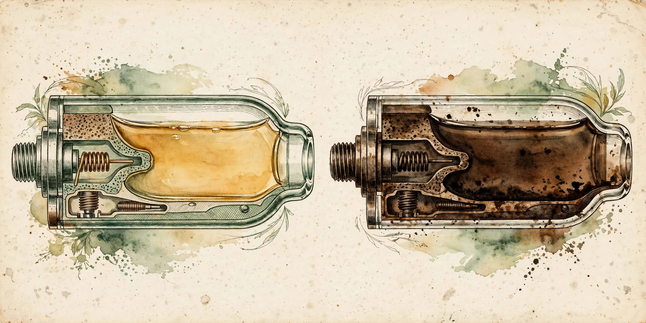 Vintage-style diagram of two vape cartridges: one with light amber oil, one with dark oxidized oil